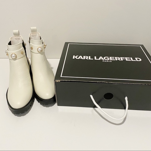 KARL LAGERFELD Pola Leather Off White Pearl Stud Ankle Strap Chelsea Booties NWT - Picture 11 of 16